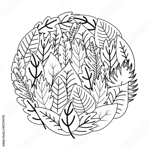Circle shape coloring page with doodle leaves. Black and white floral print for coloring book. Nature outline background. Vector illustration