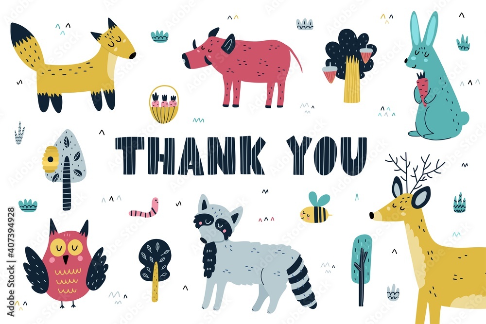 Obraz premium Thank you card with cute forest animals. Woodland characters background in Scandinavian style with hand drawn lettering. Funny greeting card. Vector illustration