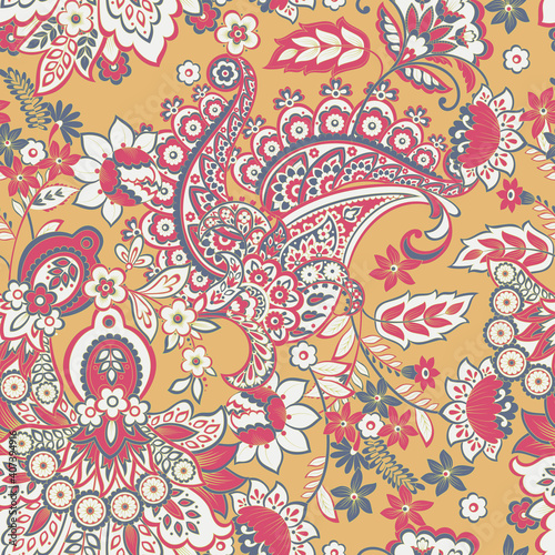 Batik ornament. Ethnic Paisley Floral seamless pattern.