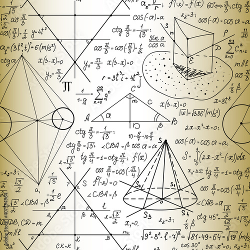 Scientific math vector seamless pattern with handwritten formulas, figures and calculations	