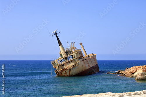 Shipwreck of the abandoned ship Edro III on a rocky coast at Akrotiri Beach in Cyprus © Dynamoland