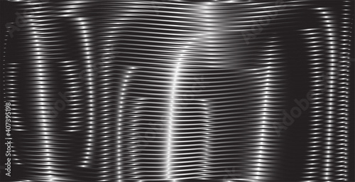 Abstract texture deformation with curved lines and metallic surface effect in dark gray halftones. Monochrome background saver for interior decor, mobile apps, business card, image of blog, poster.