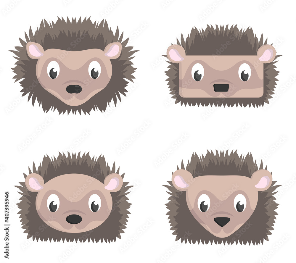 Fototapeta premium Set of cartoon hedgehogs. Different shapes of animal heads.