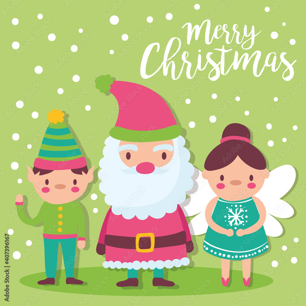 cute merry christmas card with santa claus, elf and fairy godmother cute merry christmas card with santa claus, elf and fairy godmother