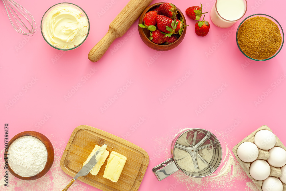 .Making strawberry gift pie for valentine's day. Products for the pie are flour, sugar, butter and strawberries. .Making strawberry gift pie for valentine's day. Products for the pie are flour, sugar, butter and strawberries.