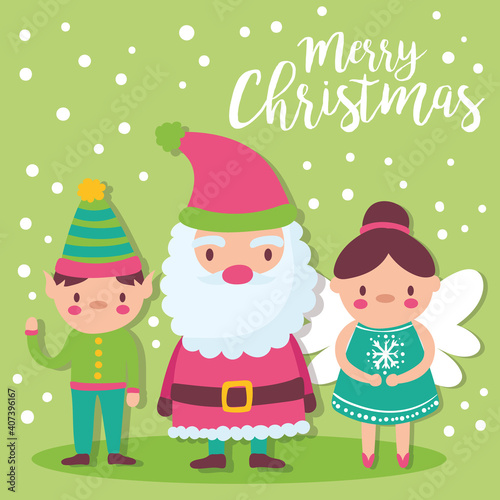 cute merry christmas card with santa claus, elf and fairy godmother