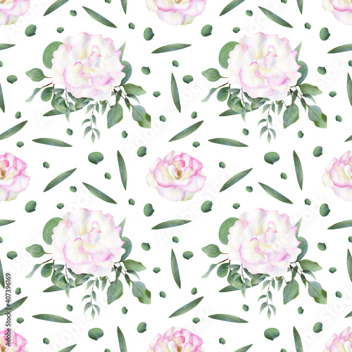 Seamless watercolor floral pattern with pink and white roses and eucalyptus leaves. Botanical illustration for textile and wedding decor