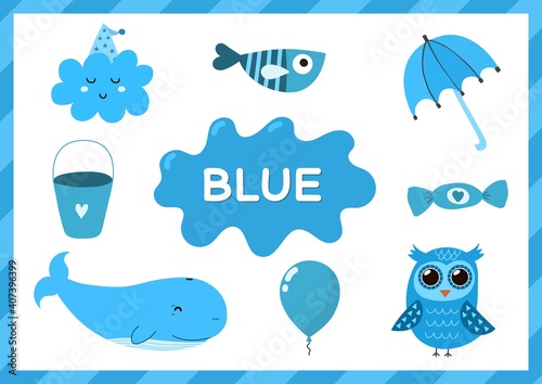 Blue. Educational worksheet for kids. Learning the color blue set. Activity page with main color for toddlers. Vector illustration