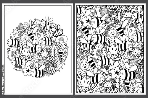 Coloring pages set with cute bees. Doodle insects templates for coloring book. Collection with black and white colouring pages for adults and kids. Vector illustration
