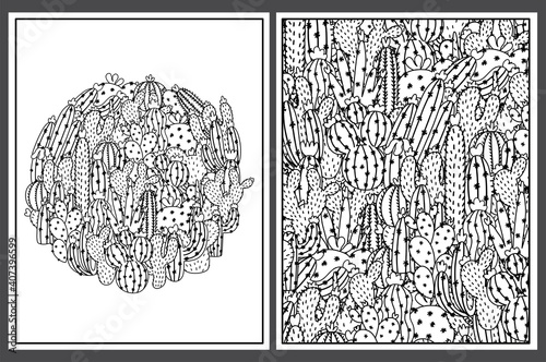 Coloring pages set with cute cactuses. Doodle succulent print templates for coloring book. Collection with black and white colouring pages for adults and kids. Vector illustration