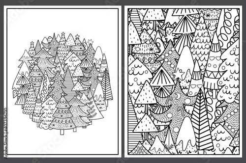 Coloring pages set with cute Christmas trees. Doodle winter templates for coloring book. Collection with black and white colouring pages for adults and kids. Vector illustration