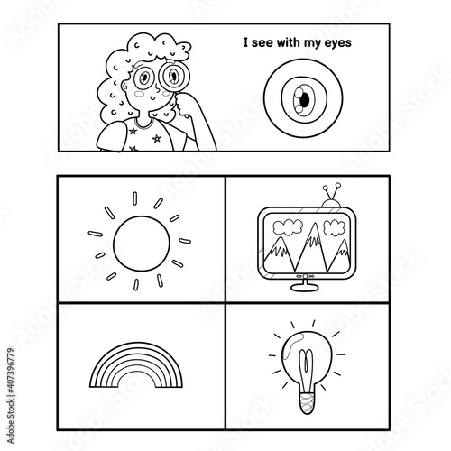 Five senses poster. Sight sense presentation page for kids. Great for activity book. Vector illustration