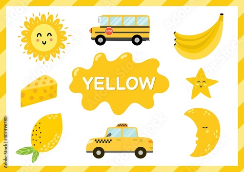 Yellow. Educational worksheet for kids. Learning the color yellow set. Activity page with main color for toddlers. Vector illustration