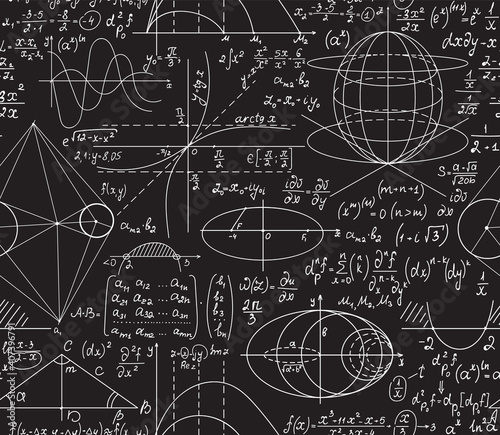 Math scientific vector seamless pattern with handwritten figures, calculations and equations written with chalk on a blackboard 