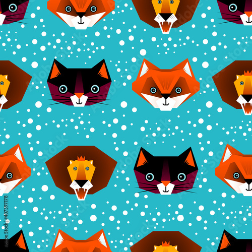 Little Animals Seamless Pattern, illustratione, vector, cats, lions, foxes, retro, geometric, shapes, children, childlike, kids art photo