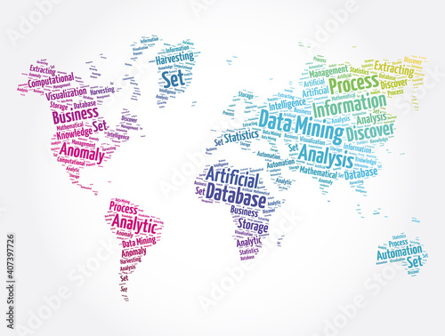 Data Mining - Technology Strategy word cloud in shape of world map  business concept background