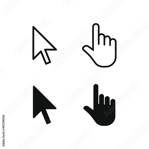Cursor vector icon set. Mouse arrow symbol. Pointing finger sign. Select click hand arrowhead. Application and web interface button. Clip-art silhouette image.