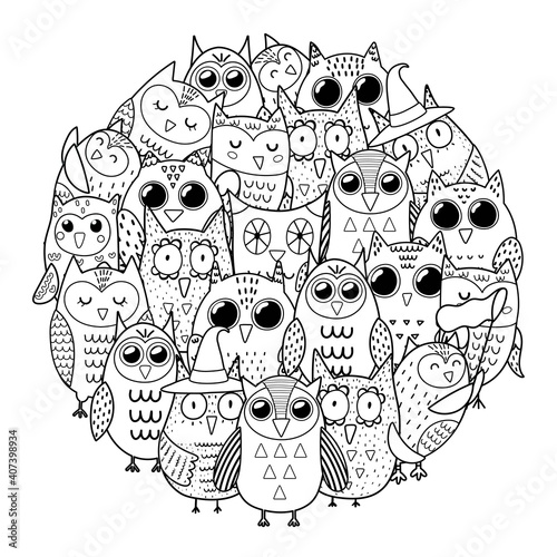 Circle shape coloring page with owls. Black and white print for coloring book with cute birds. Outline background. Vector illustration