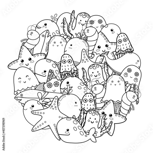 Circle shape coloring page with sea animals. Black and white print for coloring book with cute underwater characters. Outline background. Vector illustration