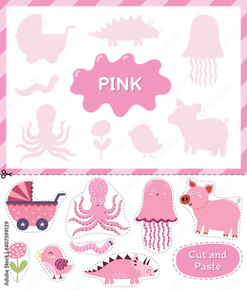 Pink color. Cut the elements and match them with the right shadows
