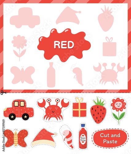 Red color. Cut the elements and match them with the right shadows. Learning color red educational game for kids. Cut and paste activity for toddlers. Vector illustration