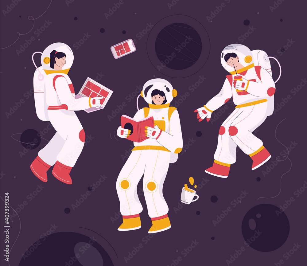 Fototapeta premium Astronauts flying in zero gravity at space