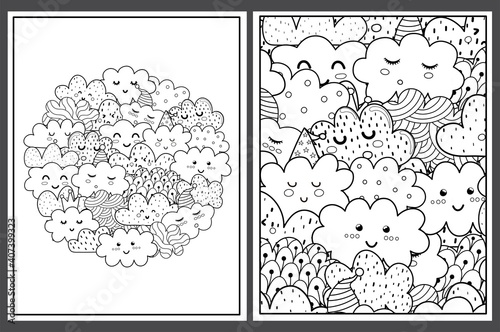 Coloring pages set with cute clouds. Doodle cosmic characters templates for coloring book. Collection with black and white colouring pages for adults and kids. Vector illustration