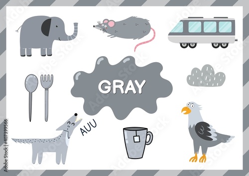 Gray. Educational worksheet for kids. Learning the color gray set. Activity page with main color for toddlers. Vector illustration