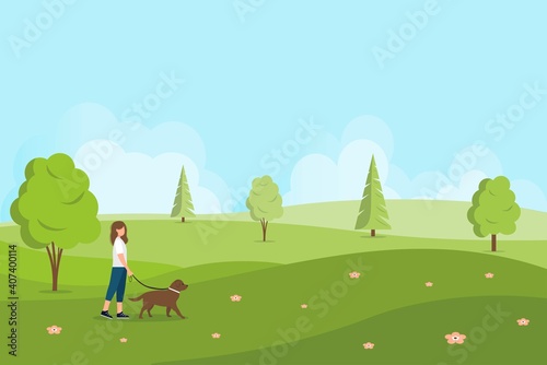 Female character walks the dog. Spring or summer landscape. Walk in nature. Walking the dogs. Vector illustration in a flat style.