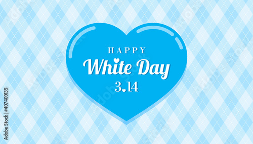 Happy White Day 3.14 Greeting Card Vector illustration. Blue Heart on argyle  pattern background.
