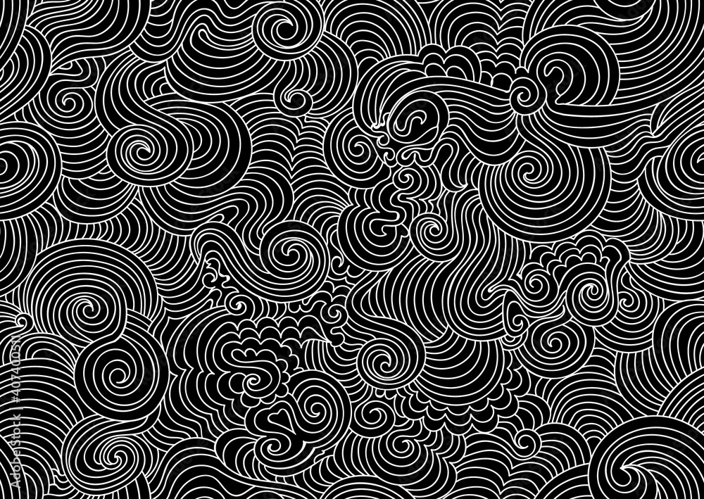 Beautiful abstract vector seamless background with handwritten wavy curling linear ornament