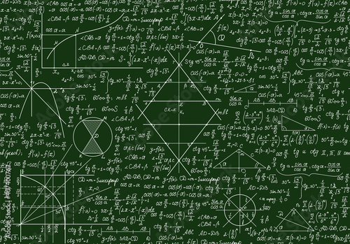 Educational school vector seamless pattern with math formulas, handwritten  on the green chalkboard