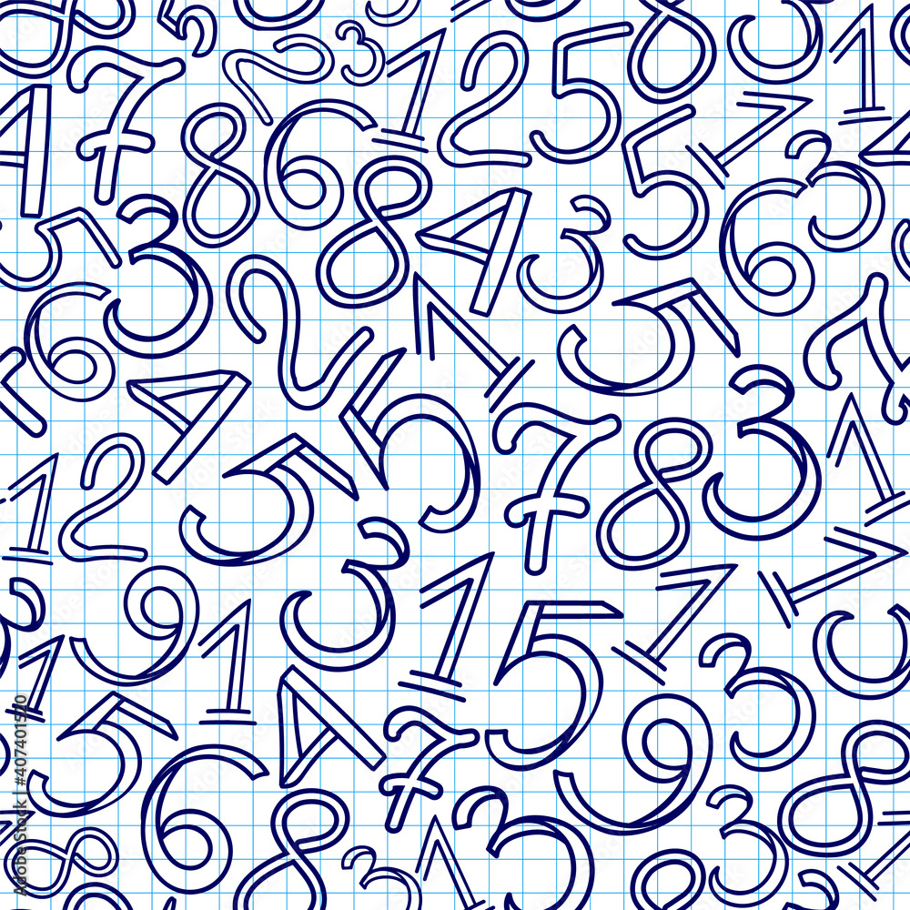 Math vector seamless pattern with handwritten numerals, copybook grid paper effect Math vector seamless pattern with handwritten numerals, copybook grid paper effect