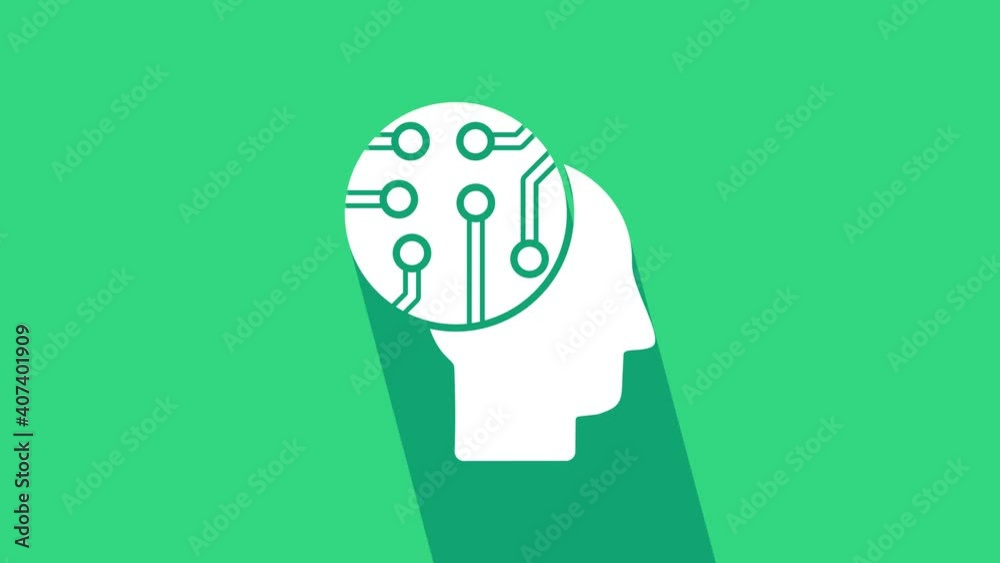 White Human brain as digital circuit board icon isolated on green ...