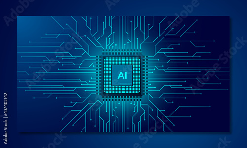 Artificial intelligence web banner. 3D isometric illustration of a processor chip. The process of data processing. Developments in modern technologies. Microcircuits on neon glowing background