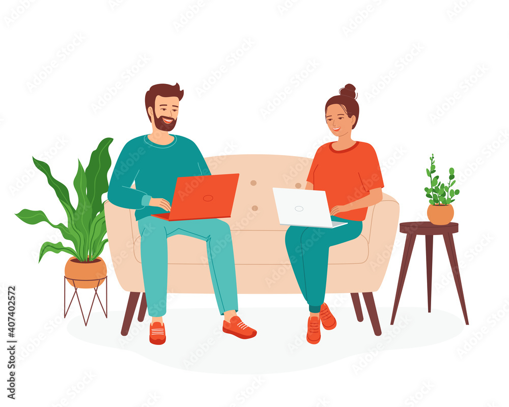 Young woman and man are sitting with a laptop on sofa. Concept of family works from home office. Remote work concept, freelance, distance learning, shopping, courses, teaching. Vector illustration