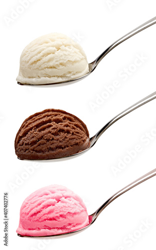 Strawberry, vanilla and chocolate ice cream scoops in spoon isolated on white background photo