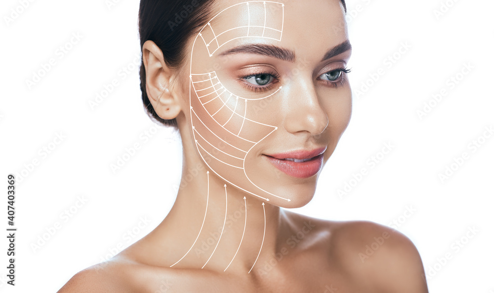 Lifting lines, advertising of face contour correction, skin and neck lifting. Facial rejuvenation concept, cosmetology - obrazy, fototapety, plakaty 