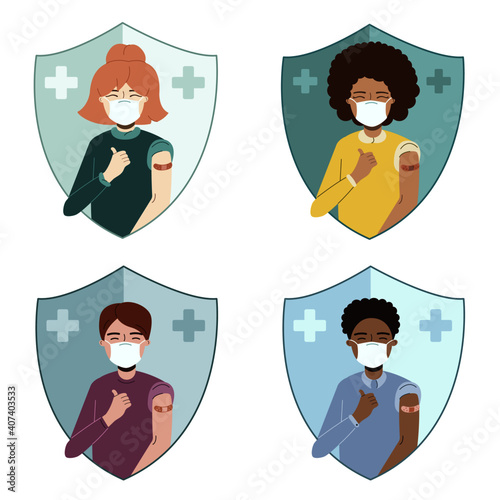 Happy different people in medical face masks raising thumbs up after injection of the flu vaccine set. Vector flat illustration isolated on the white background, icon