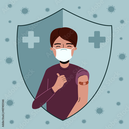 Happy modern man in medical face mask raising thumbs up and shows bandage after injection of the flu vaccine. Vector flat illustration.