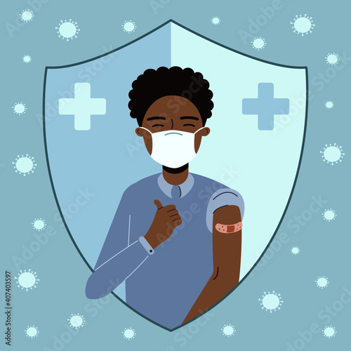 Happy African American man in medical face mask raising thumbs up and shows bandage after injection of the flu vaccine. Vector flat illustration.