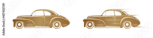 Golden classic car silhouette on white background. Vintage car icon for logo, badge or lable design.