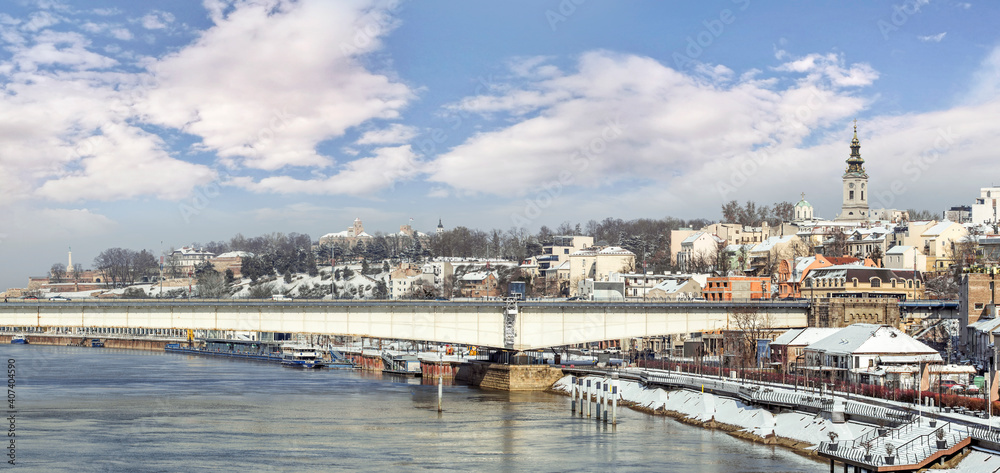 Belgrade Winter Panorama with Sava River, Branko's Bridge, Savamala Area, Kalemegdan park and Old City Skyline