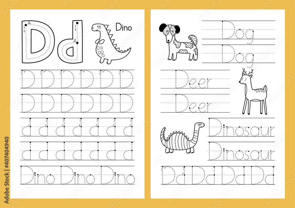 letter d tracing practice worksheet set learning alphabet activity page printable black and white template in a4 format for children s workbook vector illustration stock vector adobe stock