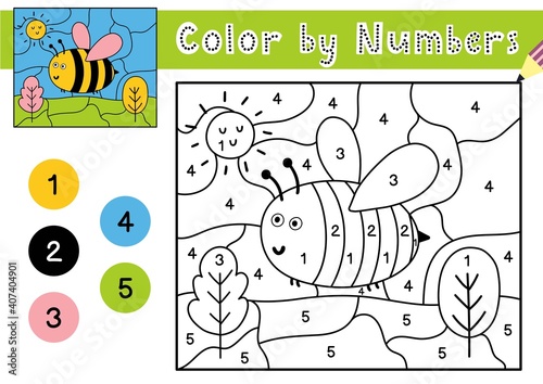 Color by number game for kids. Coloring page with a cute bee. Printable worksheet with solution for school and preschool. Learning numbers activity. Vector illustration