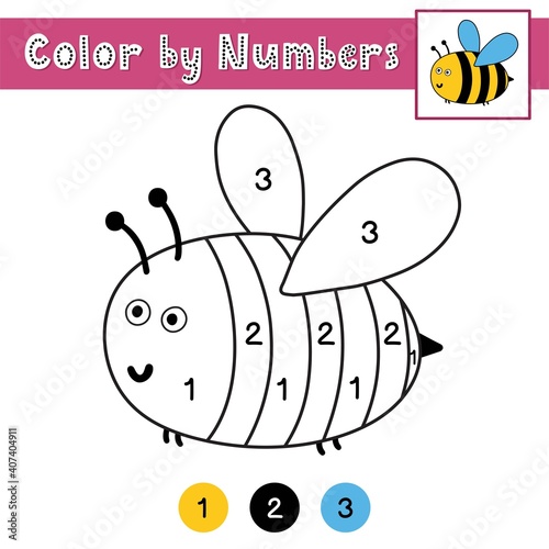 Color by numbers game for kids. Activity page with a cute bee. Printable worksheet with solution for school and preschool. Learning numbers activity. Vector illustration