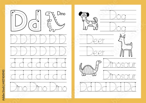 Letter D. Tracing practice worksheet set. Learning alphabet activity page. Printable black and white template in A4 format for children’s workbook. Vector illustration 