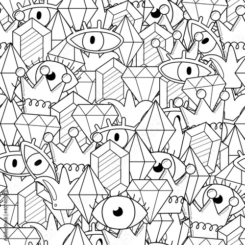Abstract doodles black and white seamless pattern with crystals and eyes. Whimsical coloring page for adults and kids. Outline background. Vector illustration