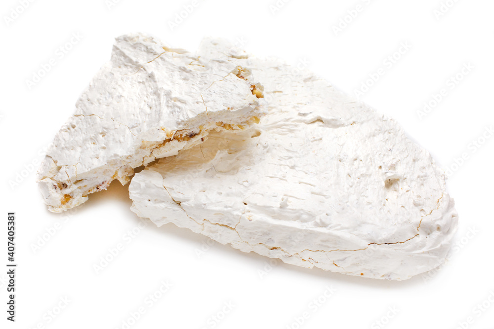 Meringue cake sprinkled with nuts cake isolated on white background
