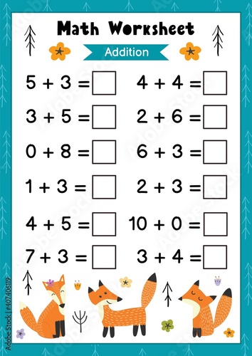 Math worksheet for kids. Addition. Mathematic activity page with cute foxes. Calculate and write the result template. Vector illustration